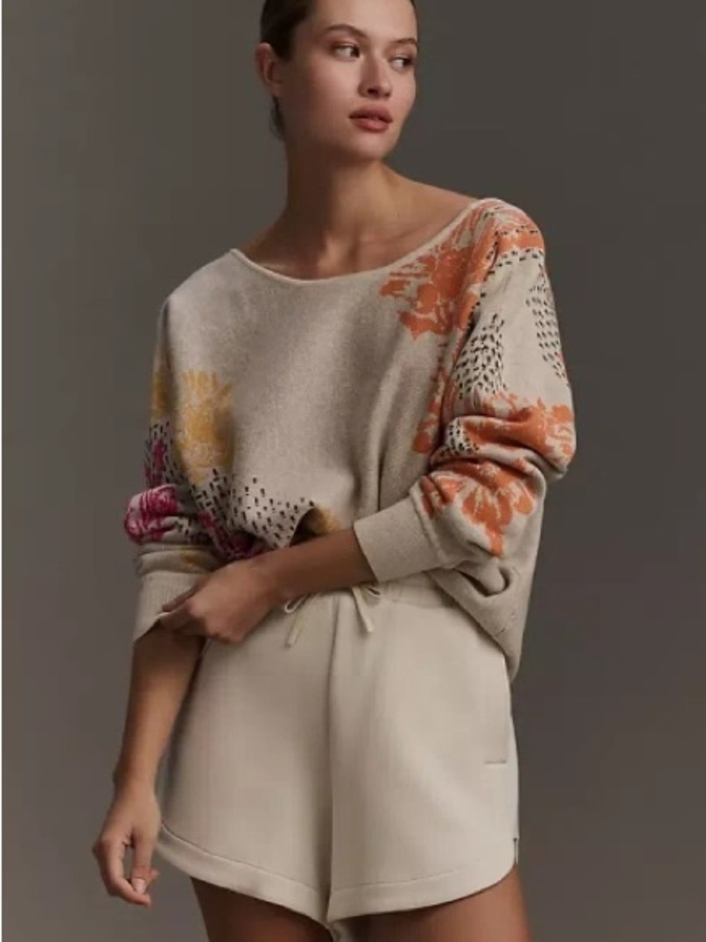 Anthro Beige Floral Sweater with Orange, Pink & Yellow Motif